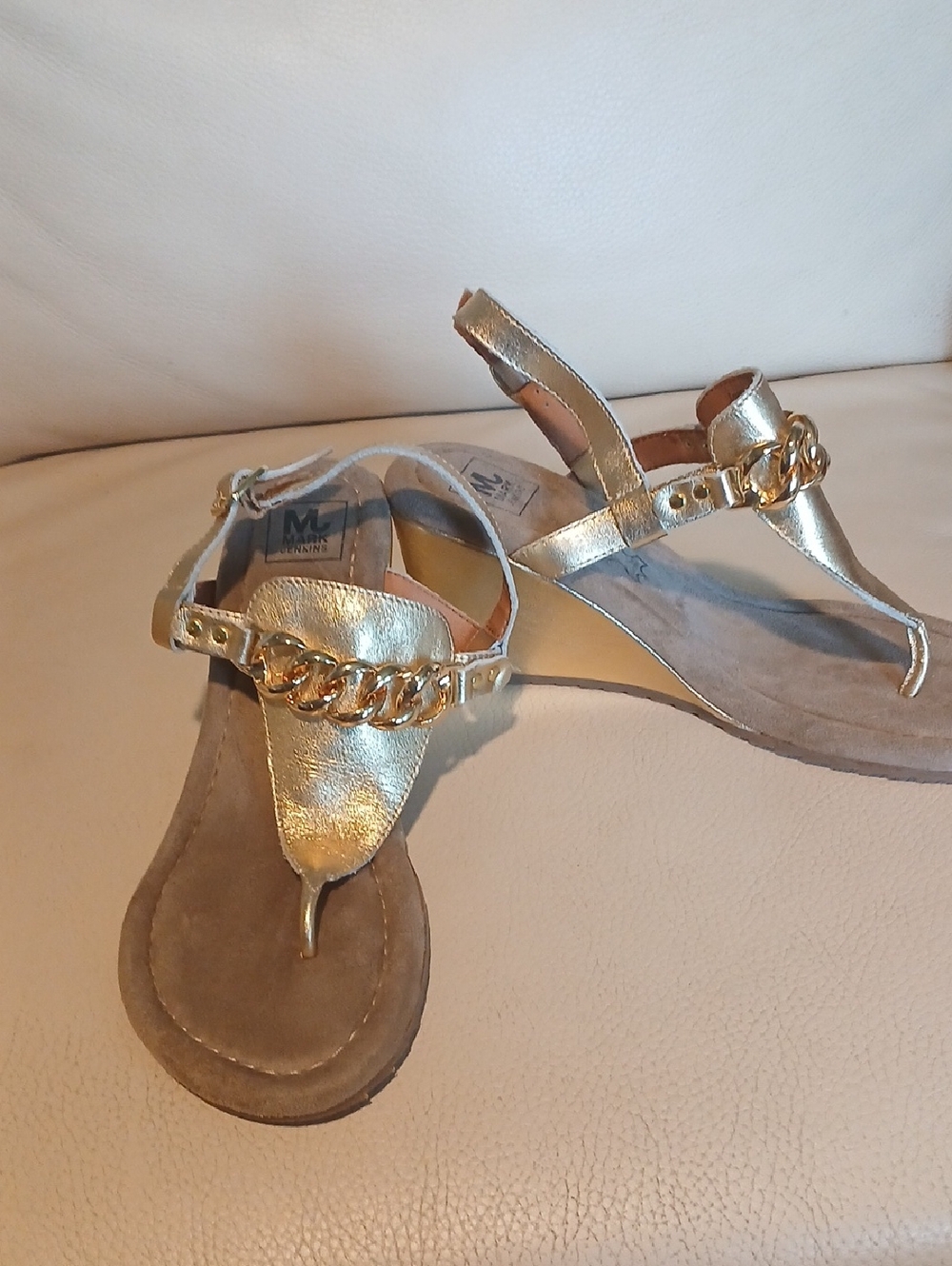 Metallic Gold Chain T-Strap Sandals - Women's